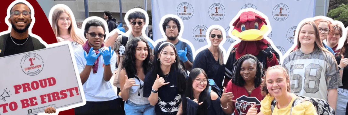 A group of first-gen students surround Cocky with their spurs up!