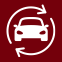 Garnet background with white icon of a car with white arrows in a circular motion