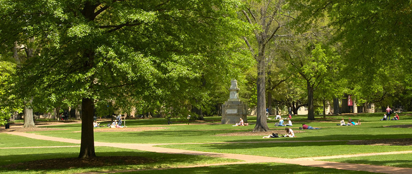 Students sitting on grass of the UofSC Horseshoe