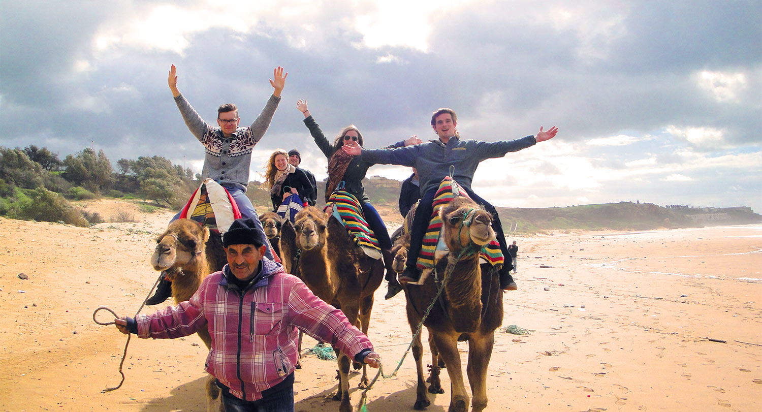 Group of students on camels with their arms raised.