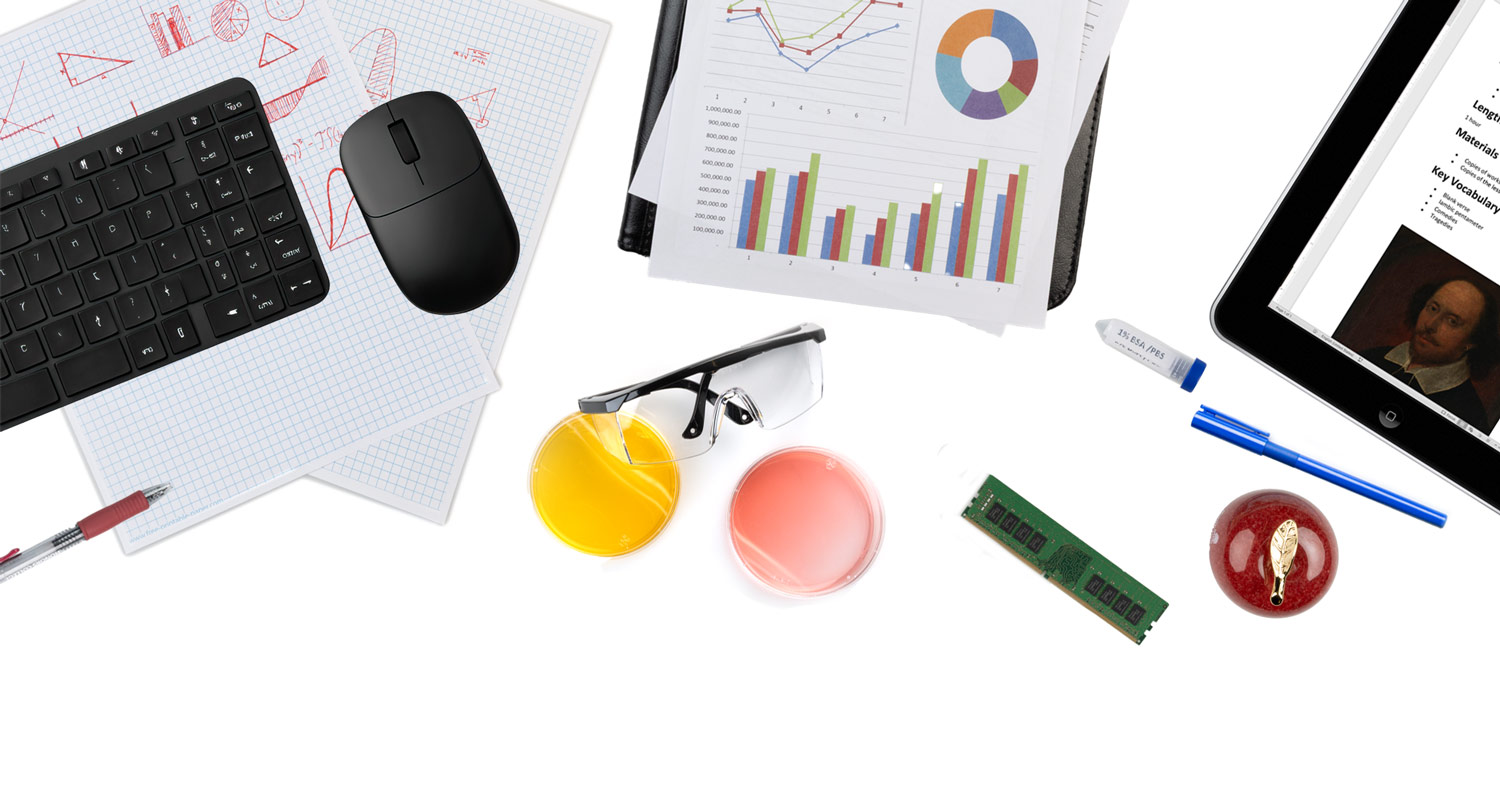 Various items related to the College of Information and Communications displayed on a white background. 