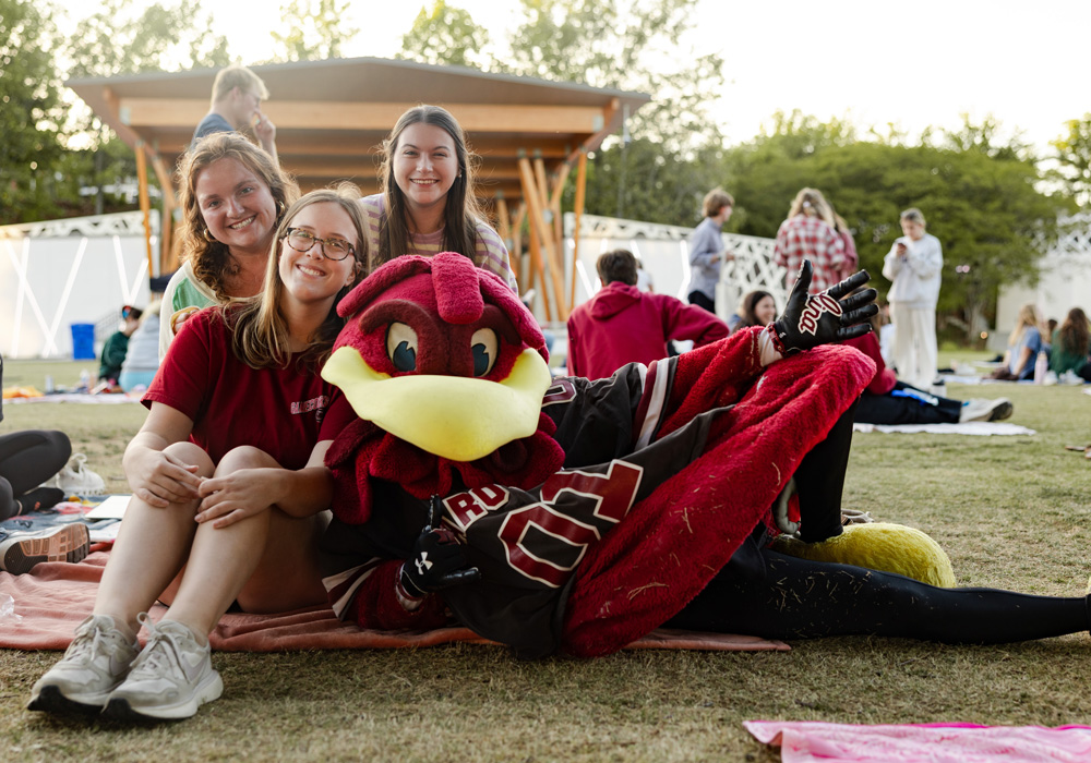 Cocky and a group of students at Finlay Park