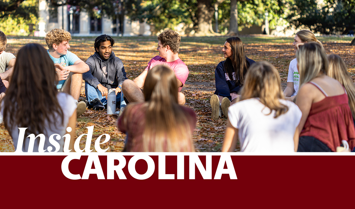 graphic that has a frame with the words Inside Carolina over an image of students sitting on the Horseshoe